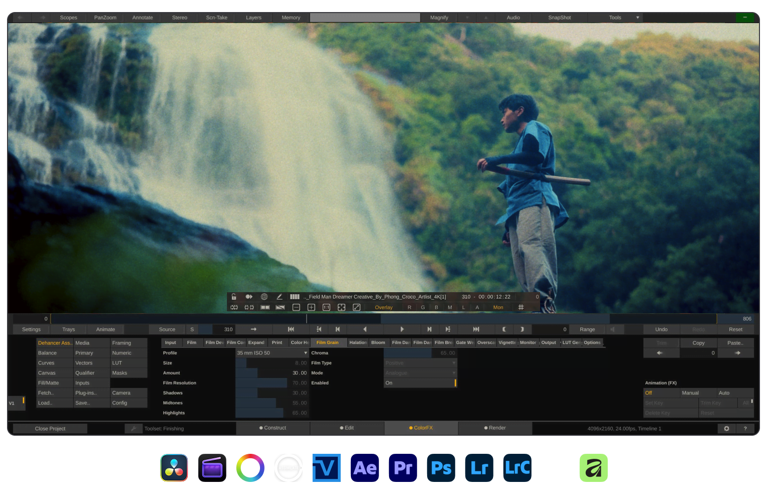 Dehancer in Assimilate Scratch with Film Grain controls and a graded cinematic shot, with compatible app icons