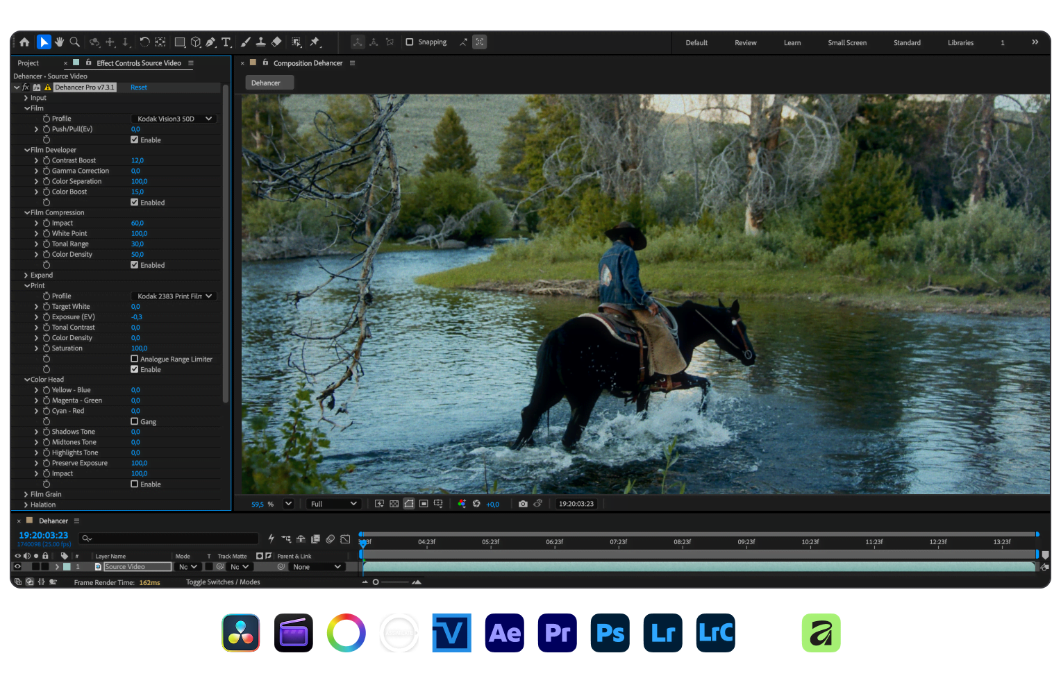 Dehancer Pro plugin in After Effects with a graded cinematic shot and compatible app icons