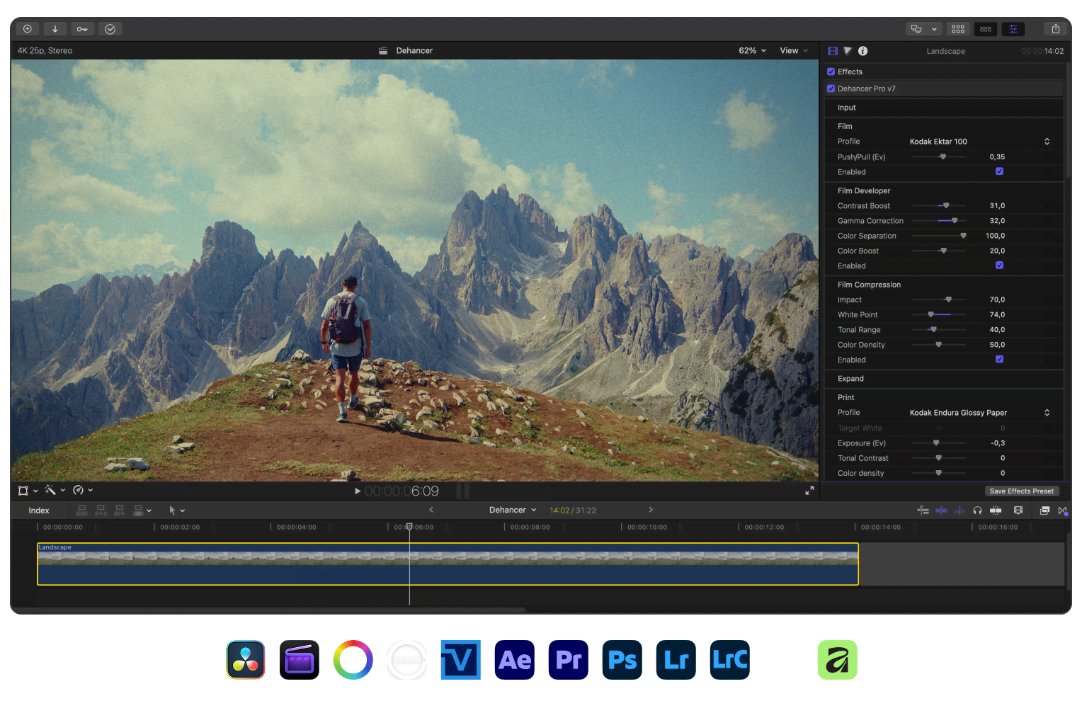 Dehancer Pro plugin in Final Cut Pro with a graded landscape and compatible app icons