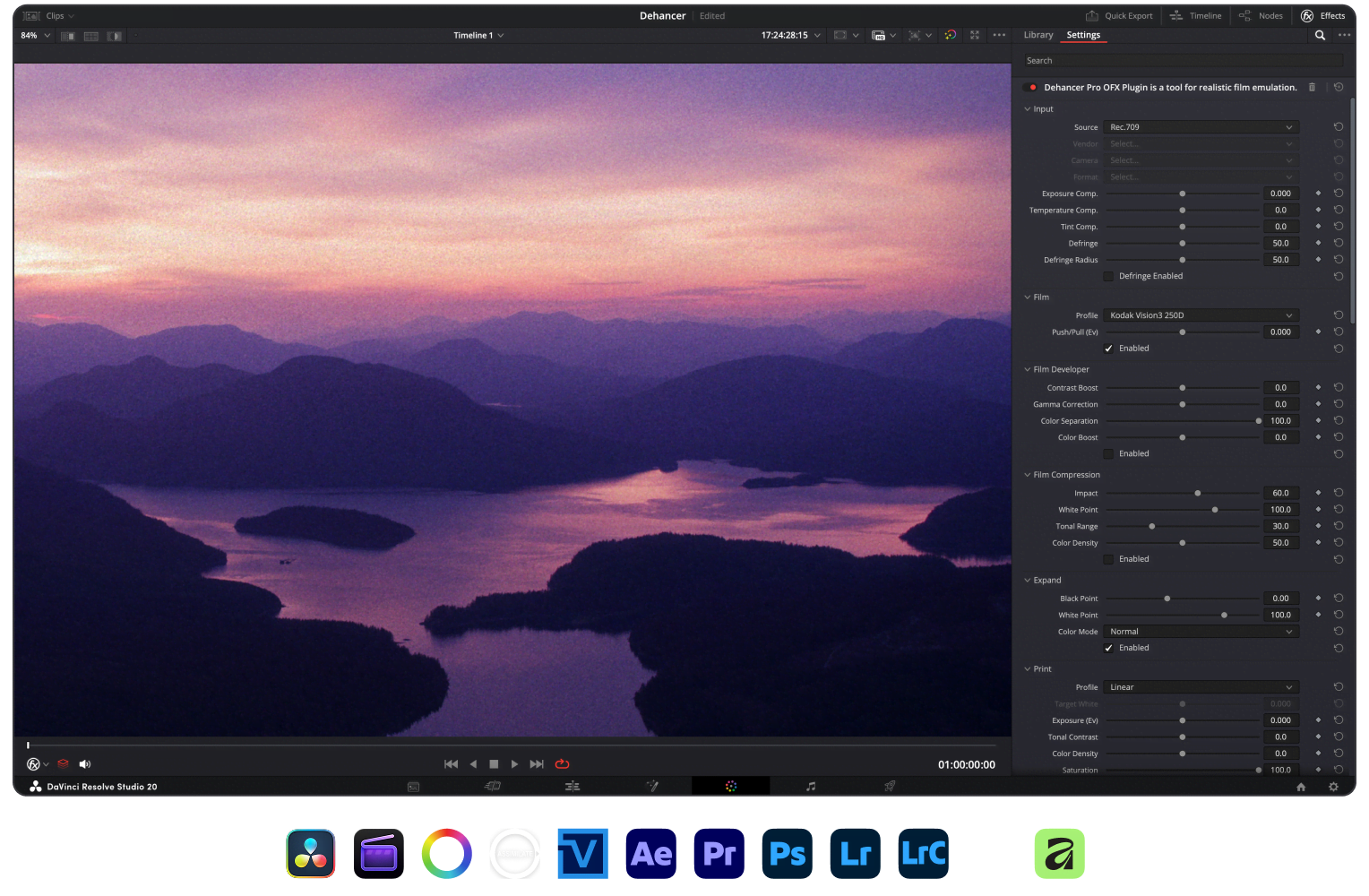Dehancer Pro OFX plugin in DaVinci Resolve with a graded sunset scene and compatible app icons