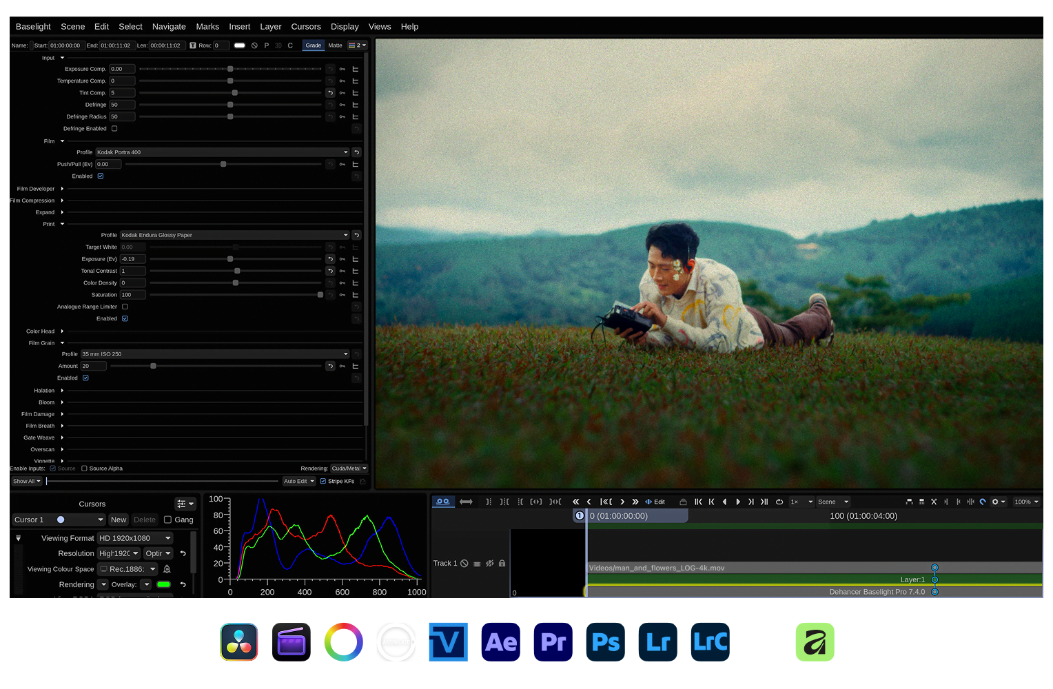 Dehancer Baselight Pro grading a portrait shot, with supported app icons below