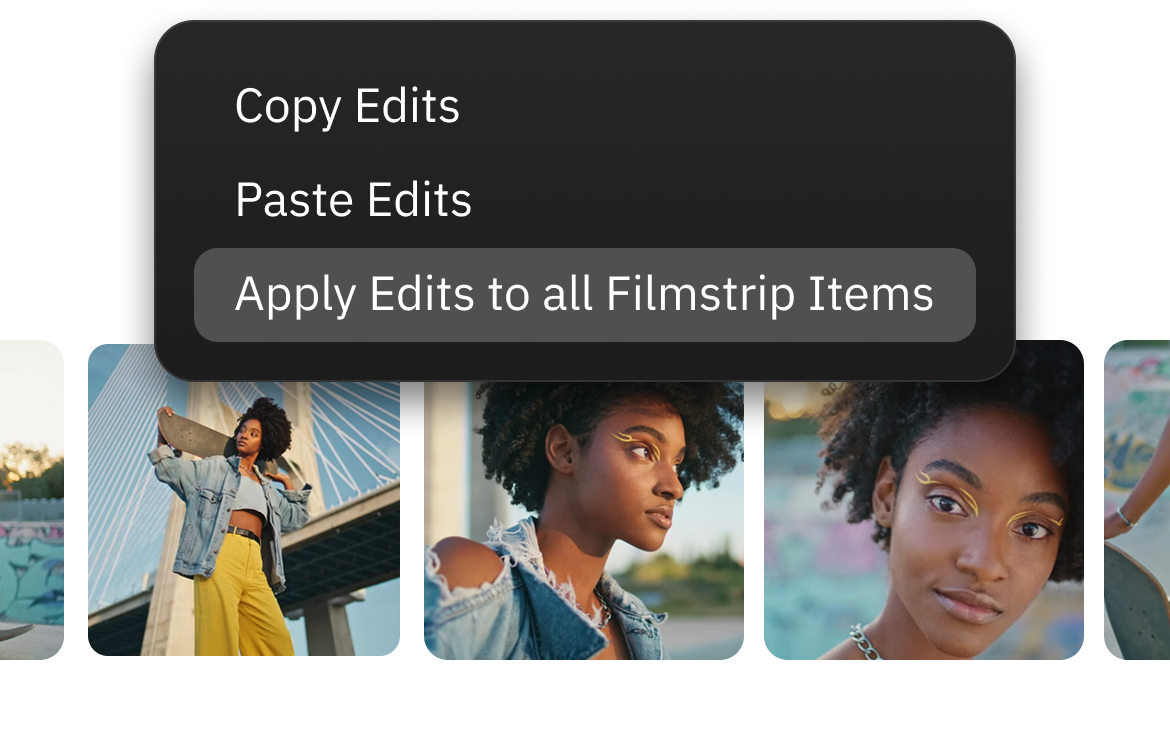 Dehancer menu for copying and applying edits across multiple images in a filmstrip