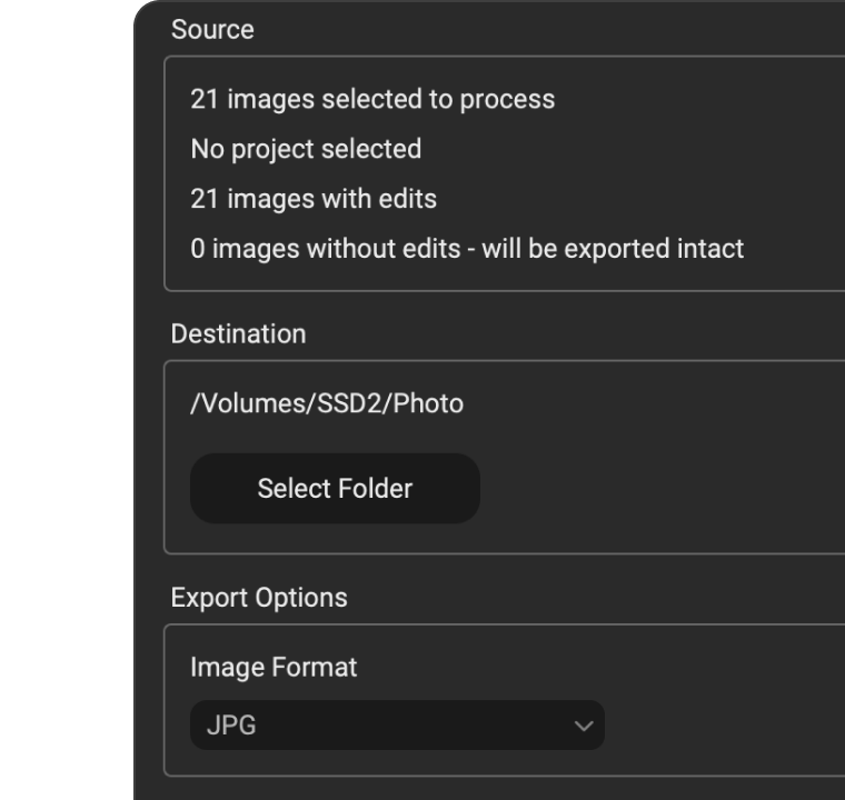 Dehancer export panel for batch processing multiple images with format options