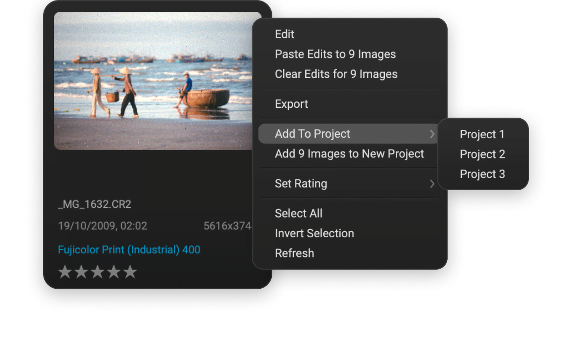 Dehancer menu for adding multiple images to projects, with batch editing options