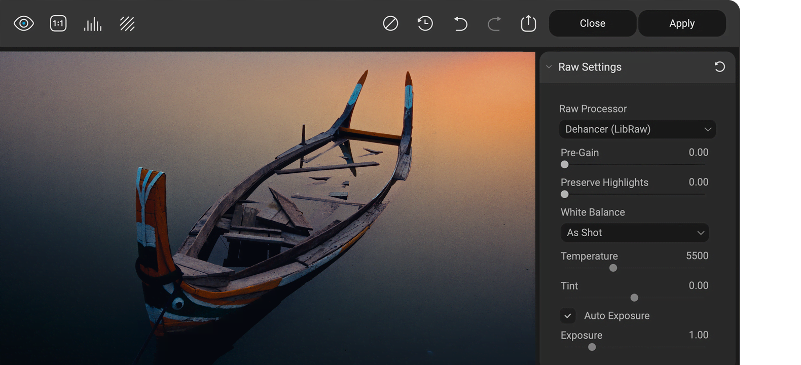 Dehancer raw file processing controls with white balance and exposure settings