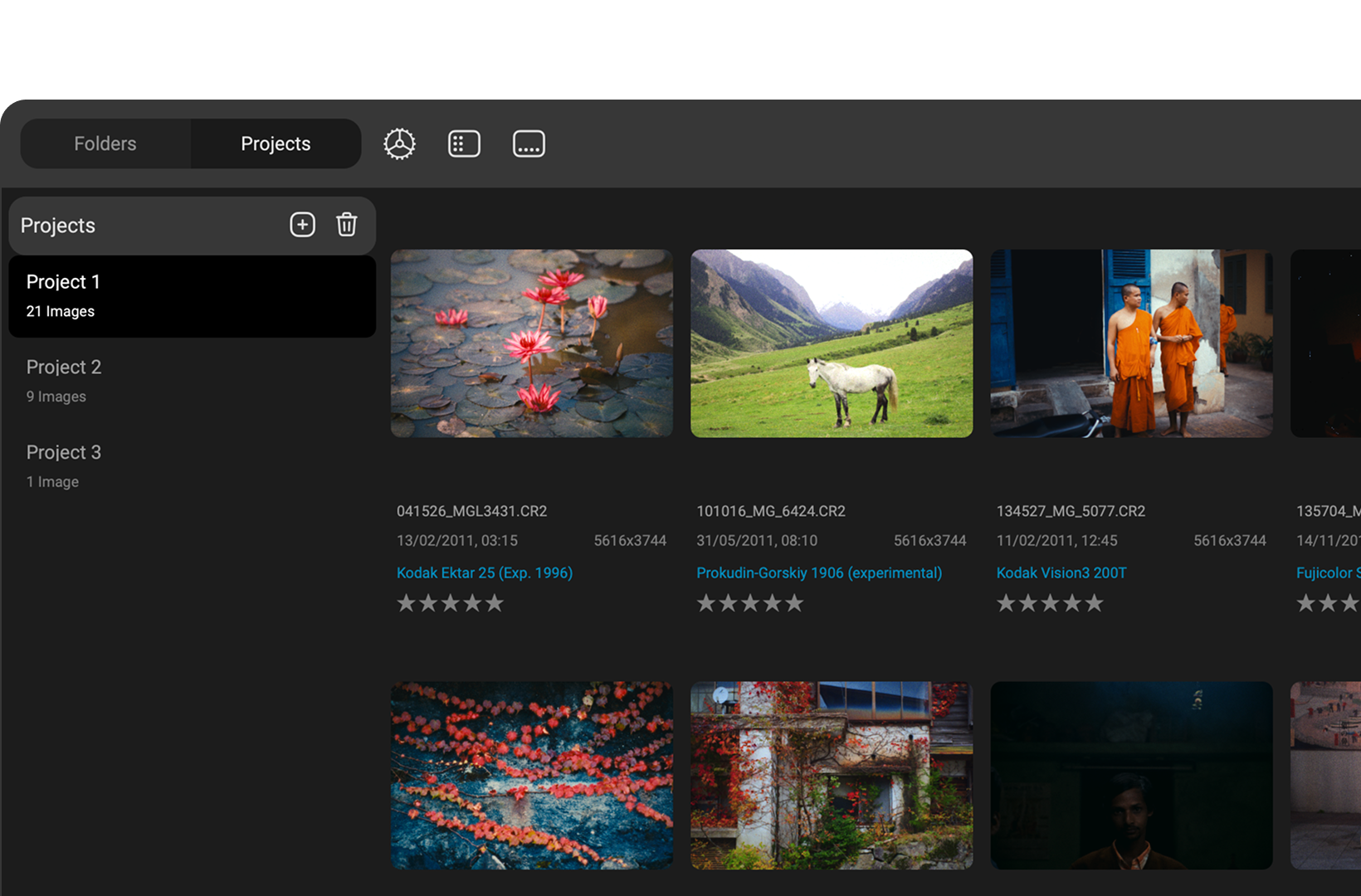 Dehancer project library with thumbnails, film profiles and star ratings