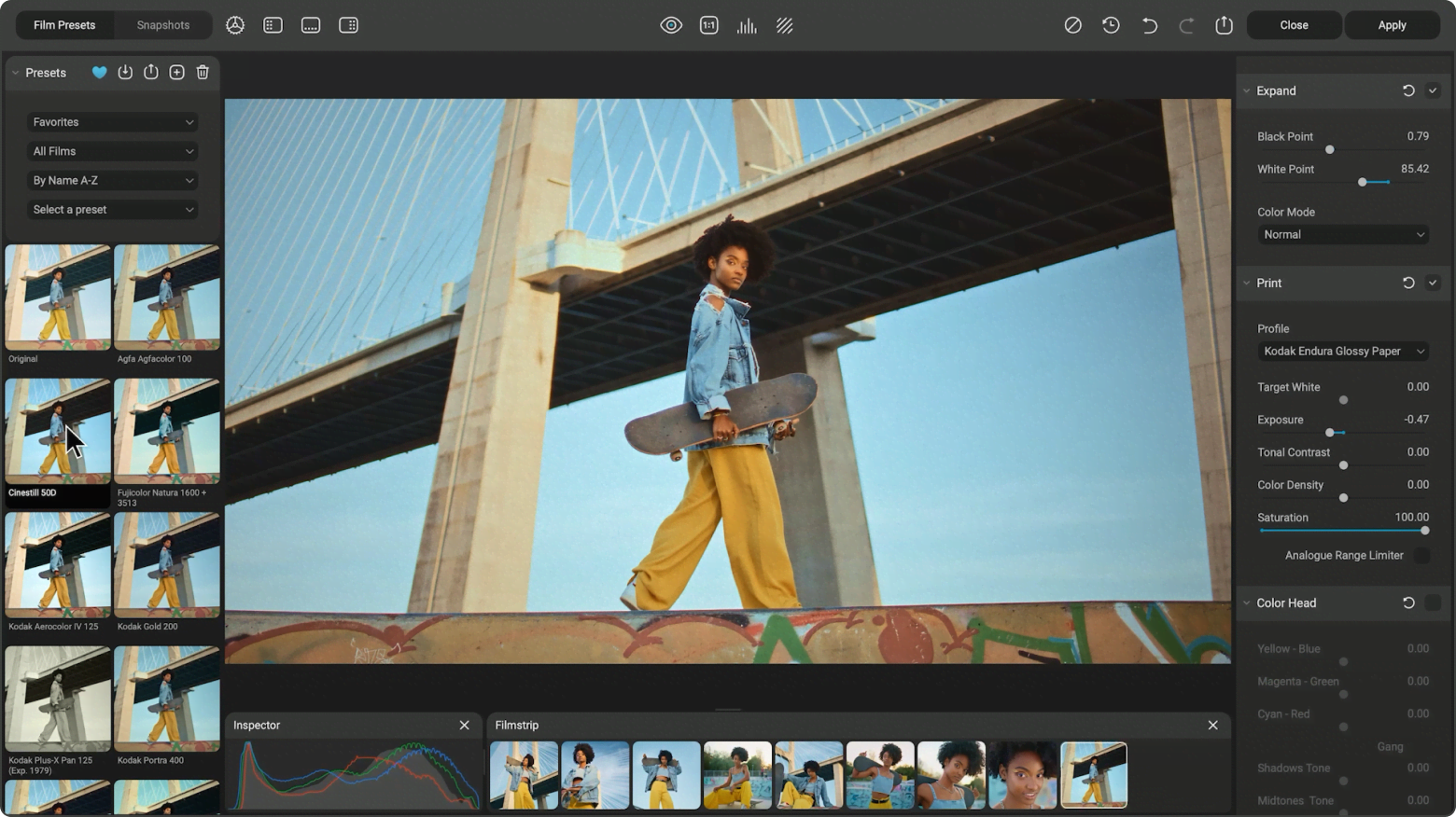 Dehancer workspace with film stock thumbnails, edit panels and an image filmstrip