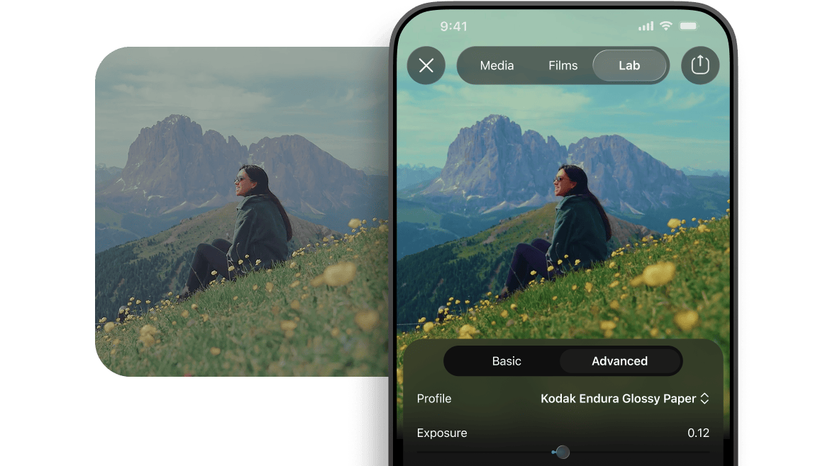 Before-and-after of a mountain portrait graded in Dehancer for iOS