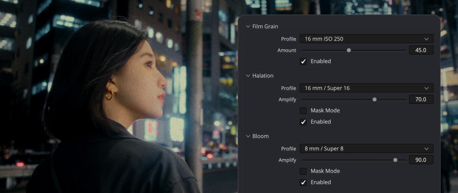 Film Grain, Halation and Bloom panels in Dehancer with a graded night portrait