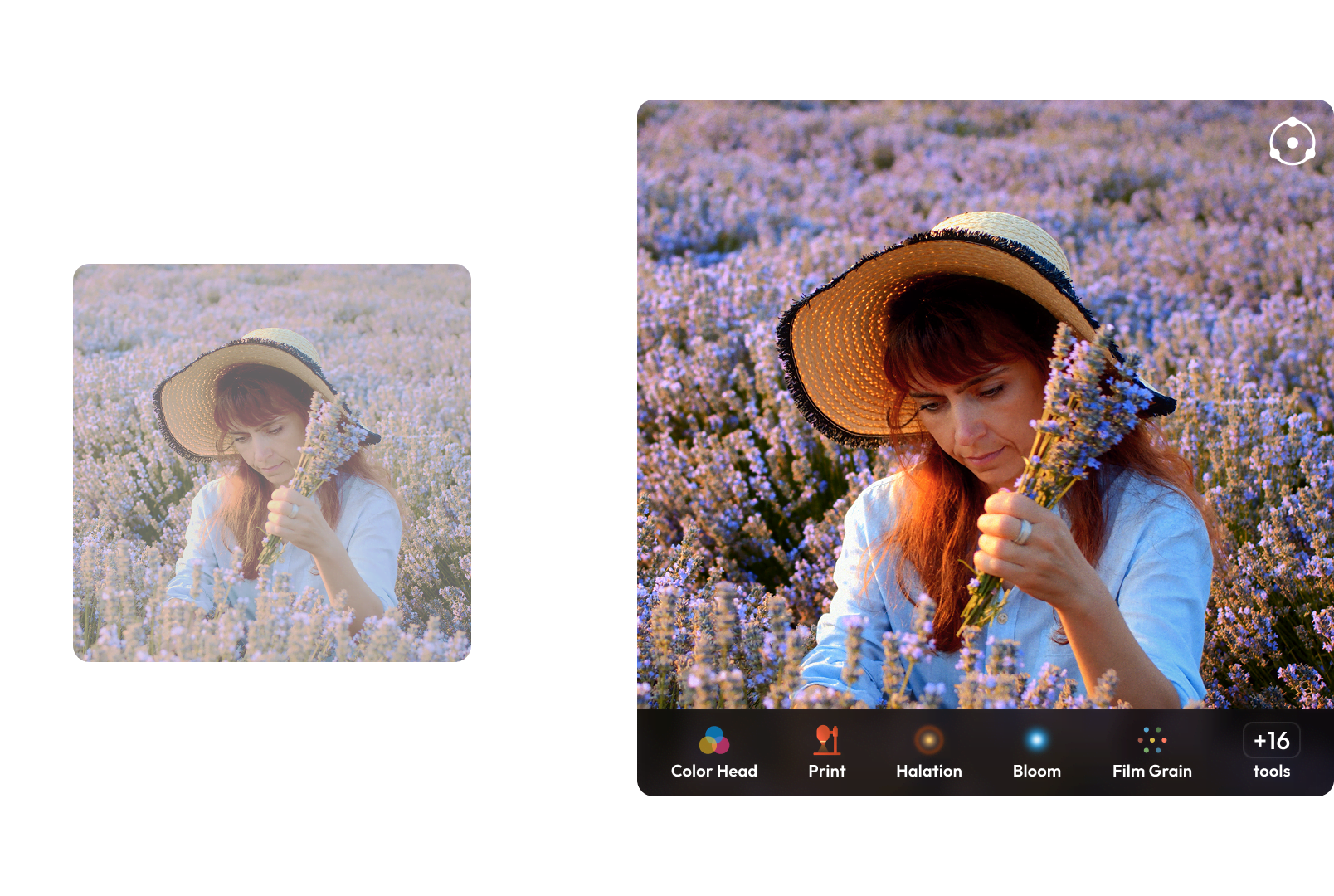 Before-and-after of a portrait graded with Dehancer's film emulation tools