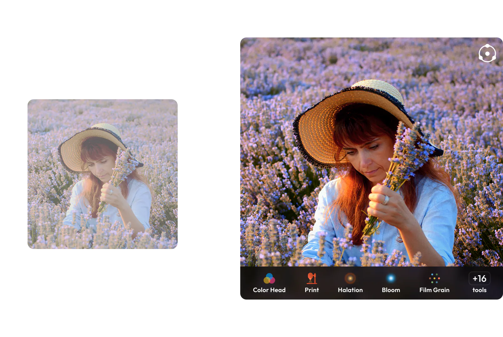 Before-and-after of a portrait graded with Dehancer's film emulation tools
