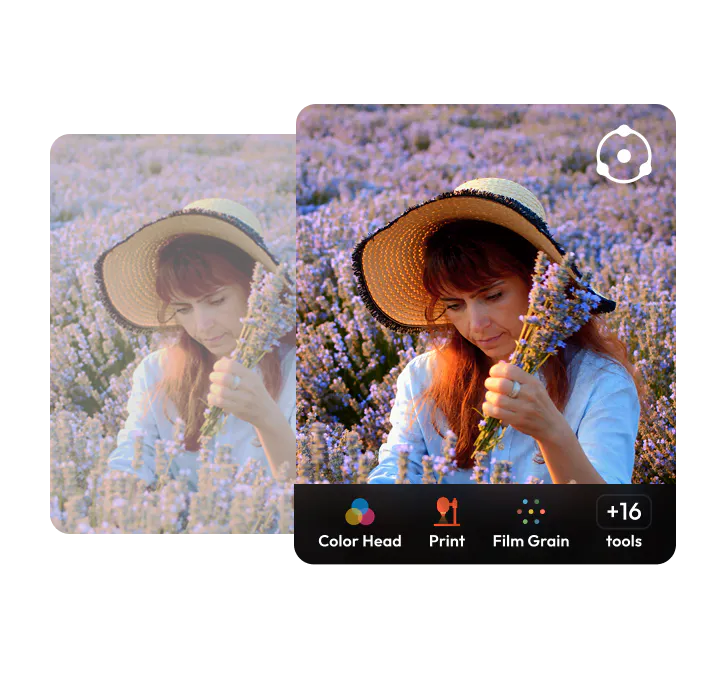 Before-and-after of a portrait graded with Dehancer's film emulation tools