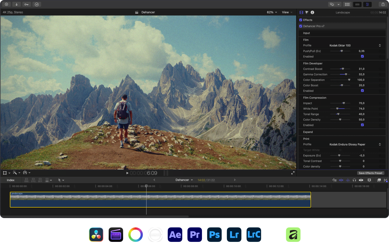 Dehancer Pro plugin in Final Cut Pro with a graded landscape and compatible app icons