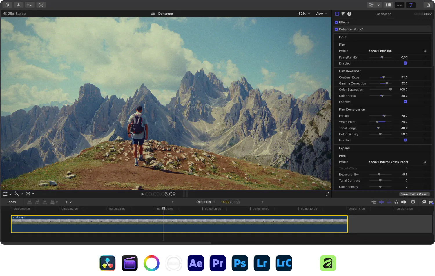Dehancer Pro plugin in Final Cut Pro with a graded landscape and compatible app icons