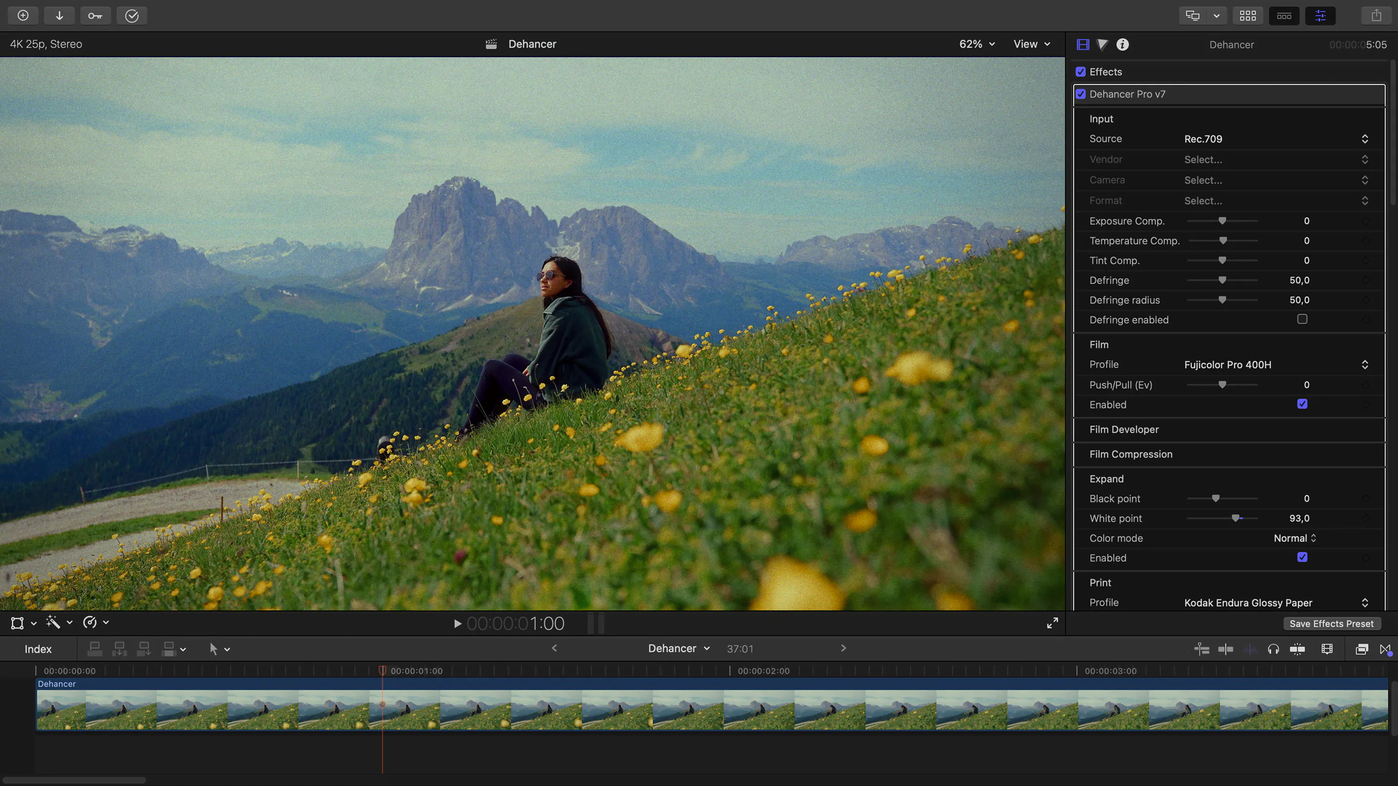 Dehancer Pro in Final Cut Pro with full grading controls beside a graded shot of a hiker in an alpine meadow