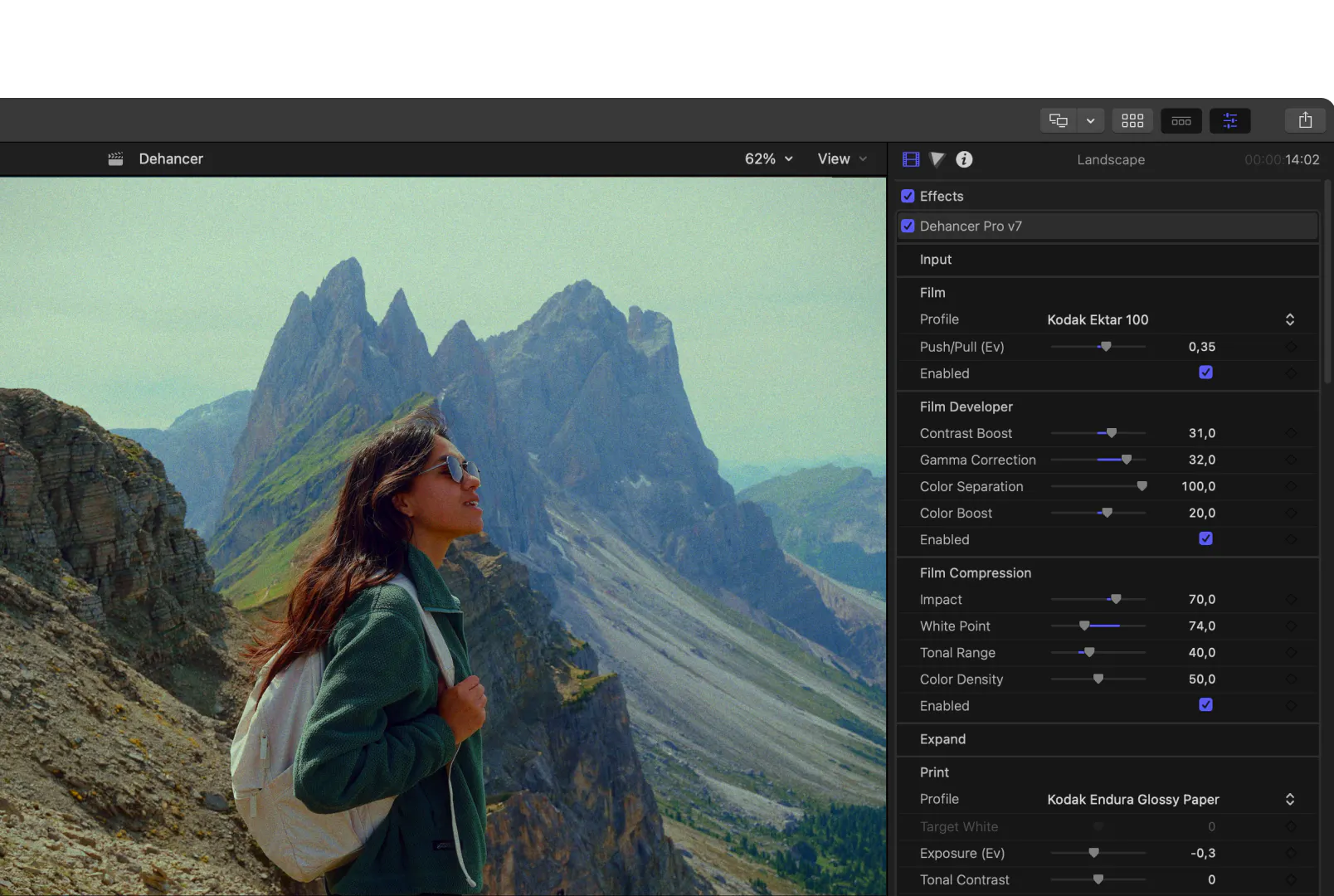 Dehancer Pro plugin in Final Cut Pro showing film emulation controls