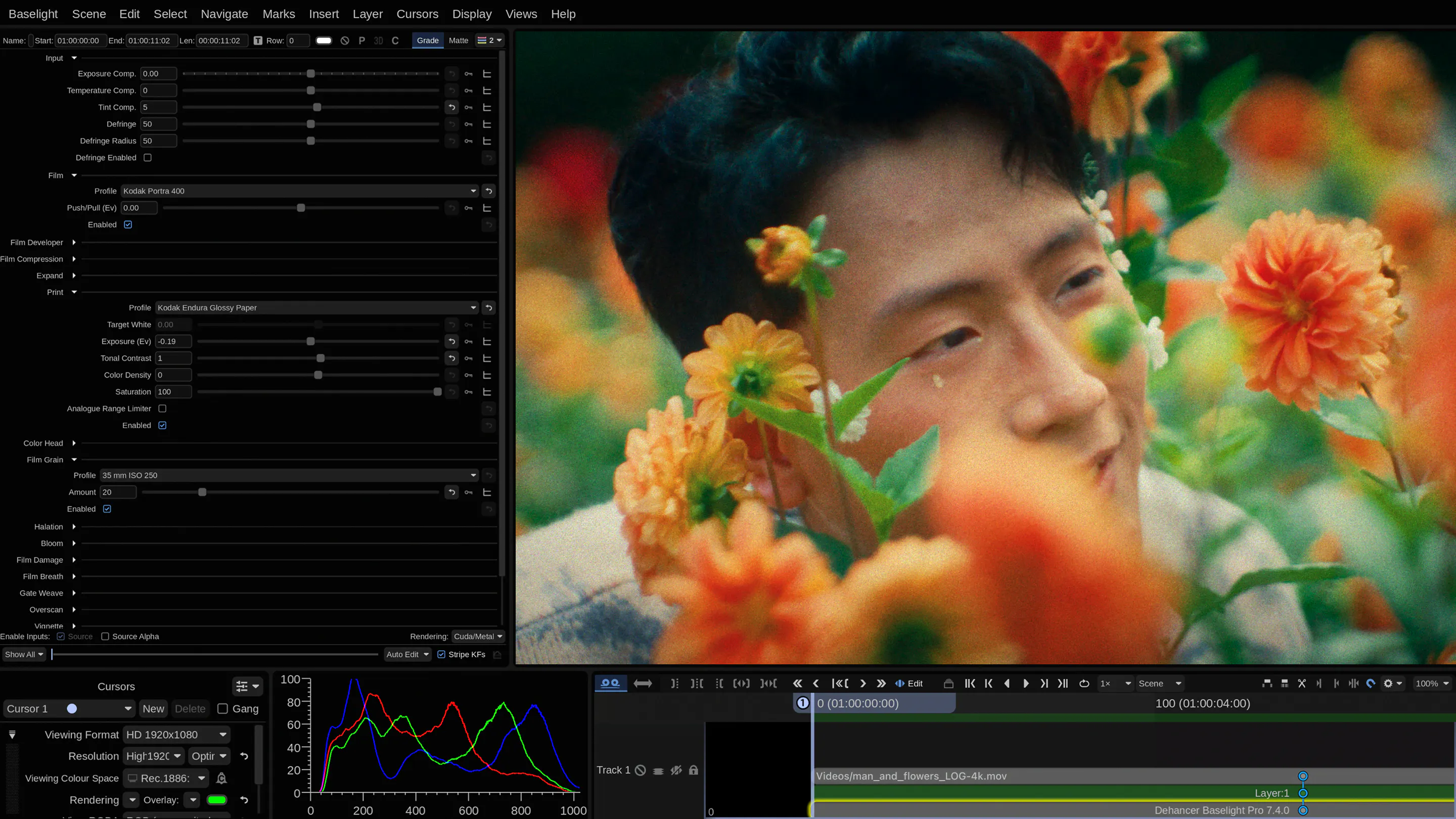 Dehancer Baselight Pro with full grading panel beside a close-up portrait with film grain and color