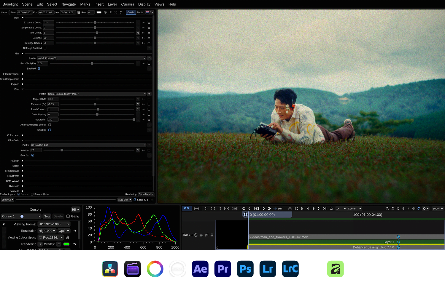 Dehancer Baselight Pro grading a portrait shot, with supported app icons below