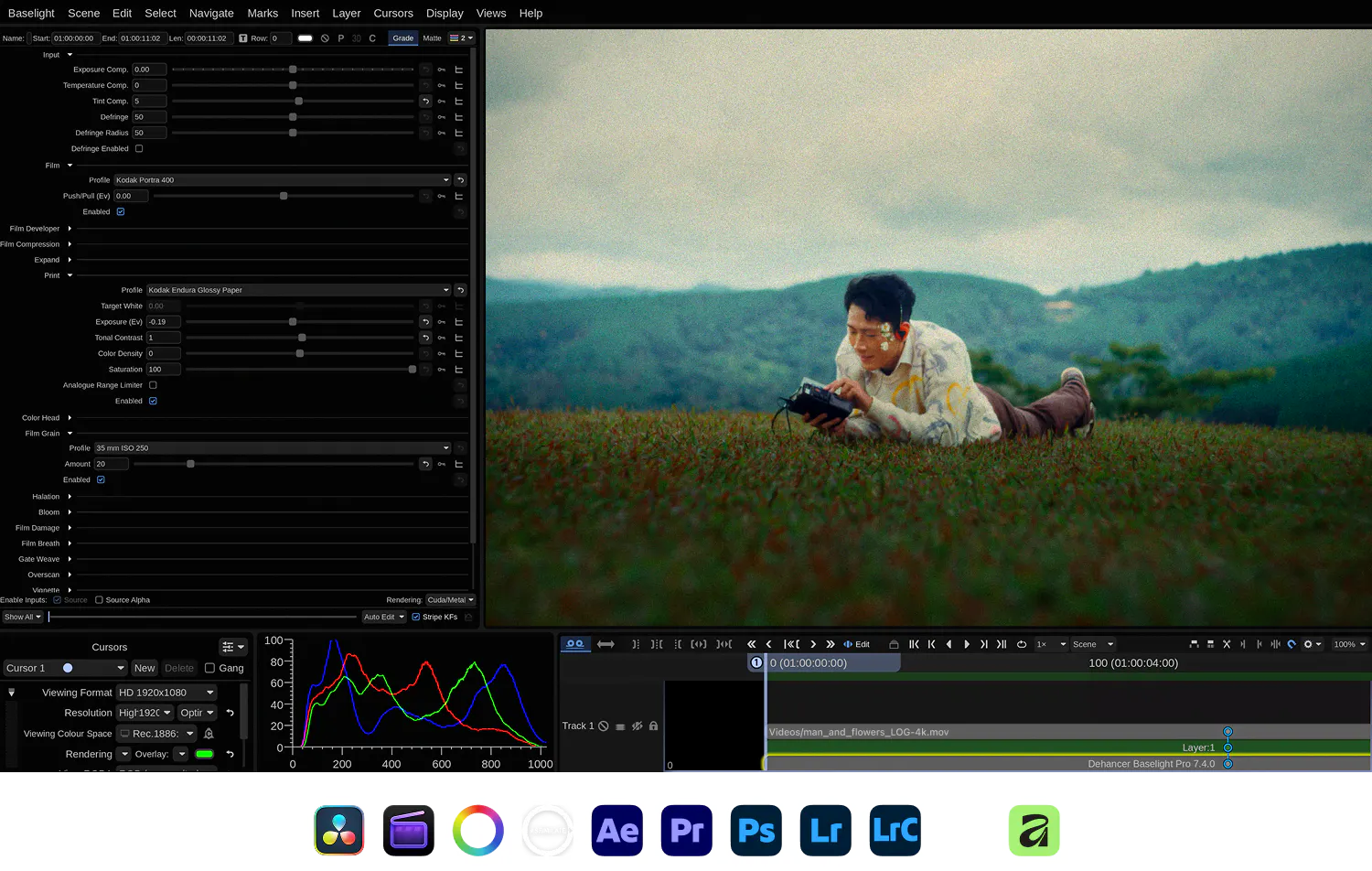 Dehancer Baselight Pro grading a portrait shot, with supported app icons below