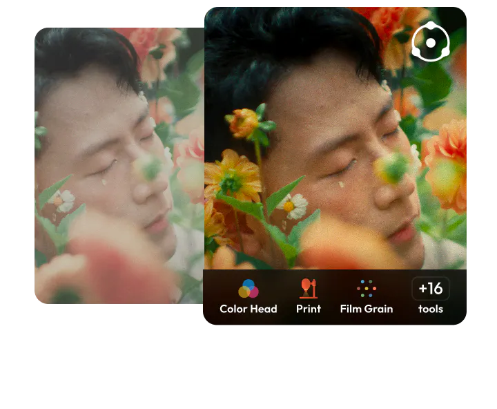 Before-and-after of a portrait graded with Dehancer's film emulation tools