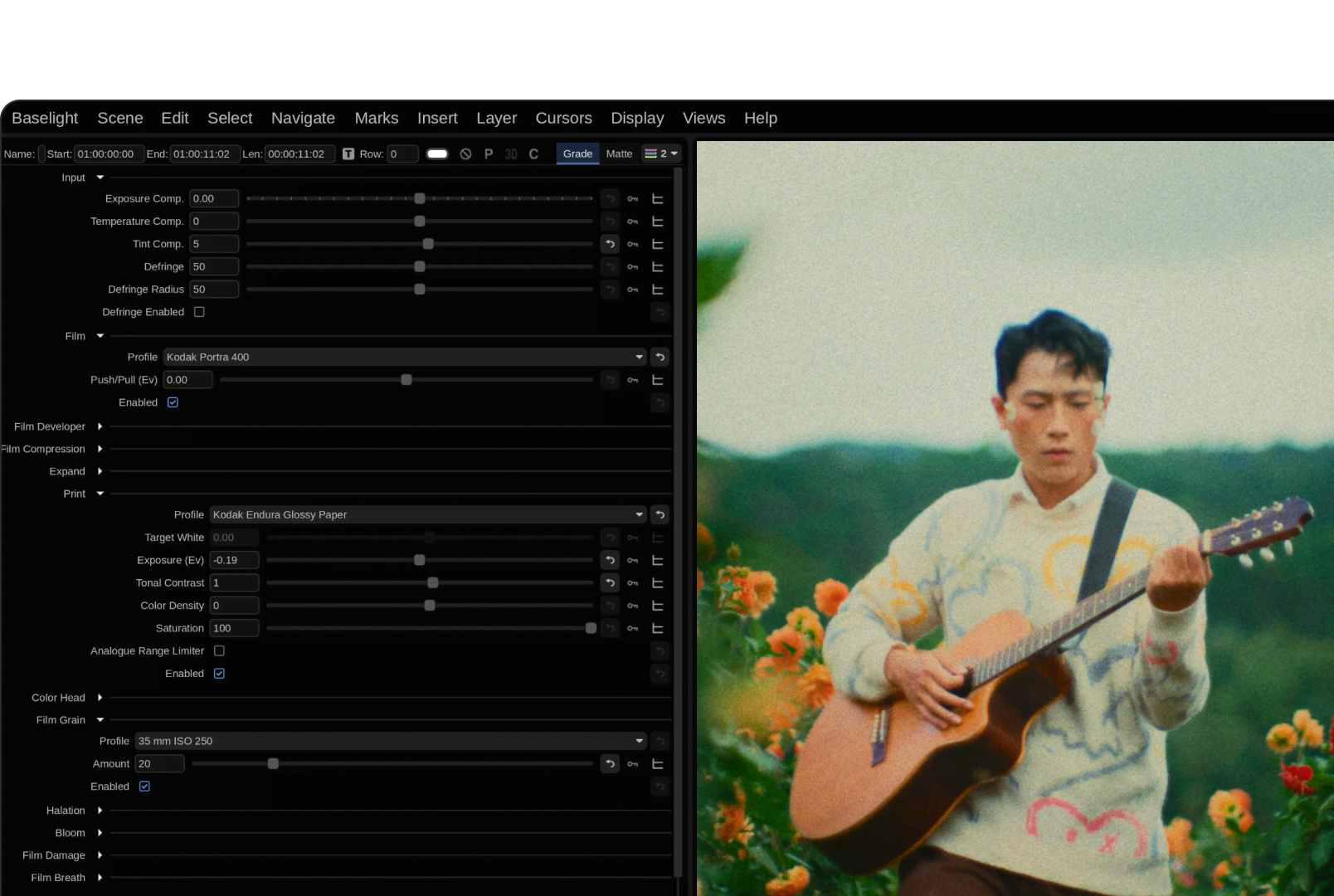Dehancer Baselight grading controls next to a film-graded portrait