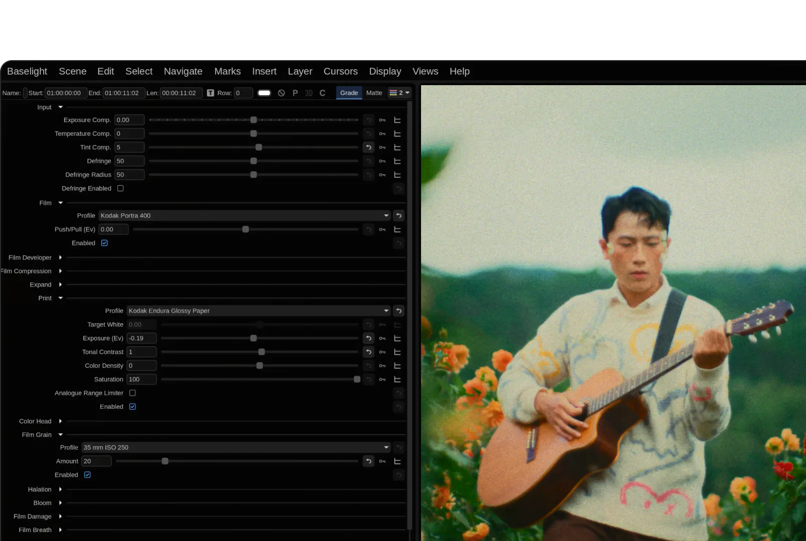Dehancer Baselight grading controls next to a film-graded portrait