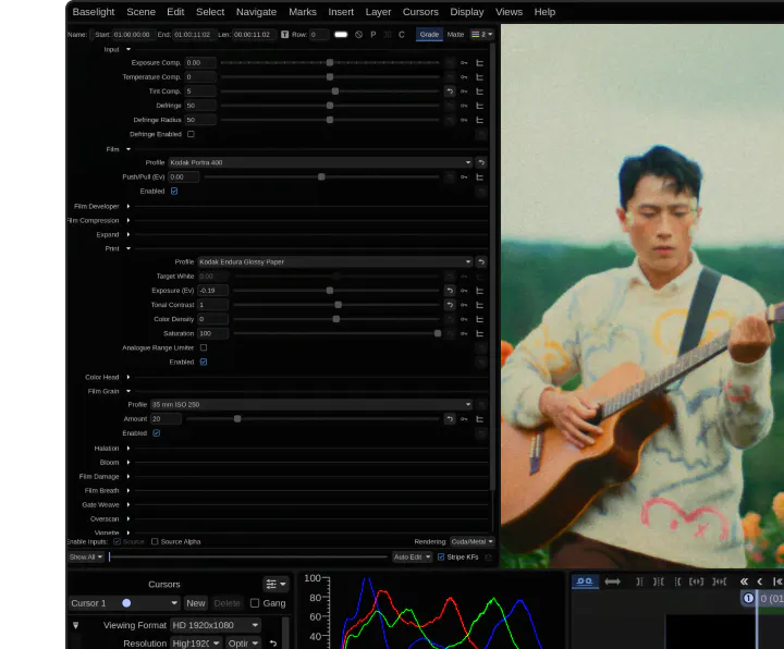 Dehancer Baselight grading controls next to a film-graded portrait