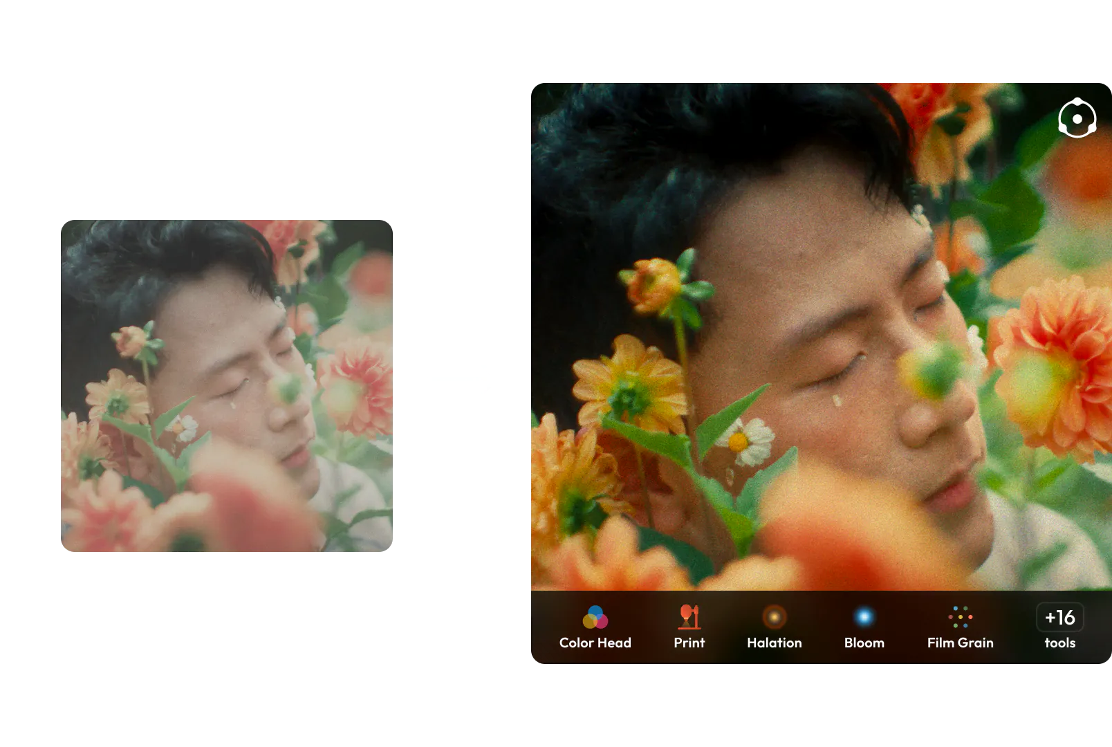 Before-and-after of a portrait graded with Dehancer's film emulation tools