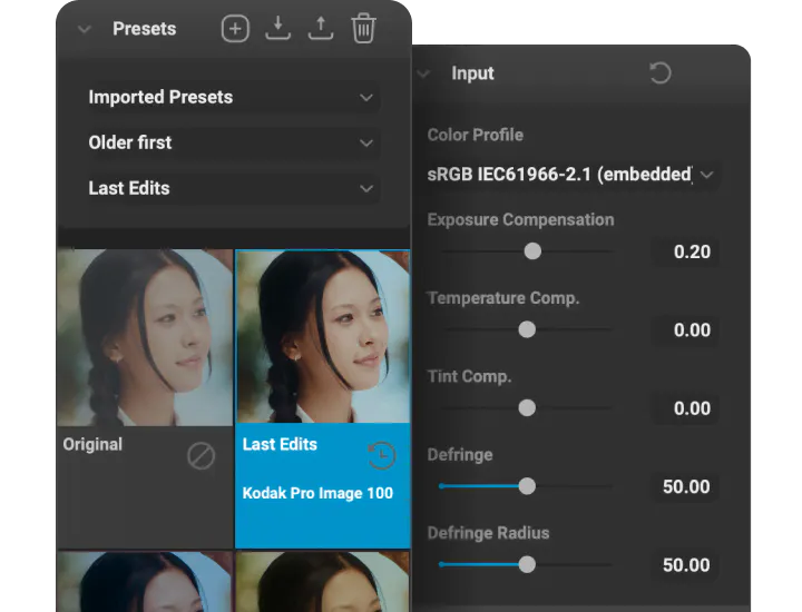 Dehancer Presets panel with original and edited portrait thumbnails alongside Input controls