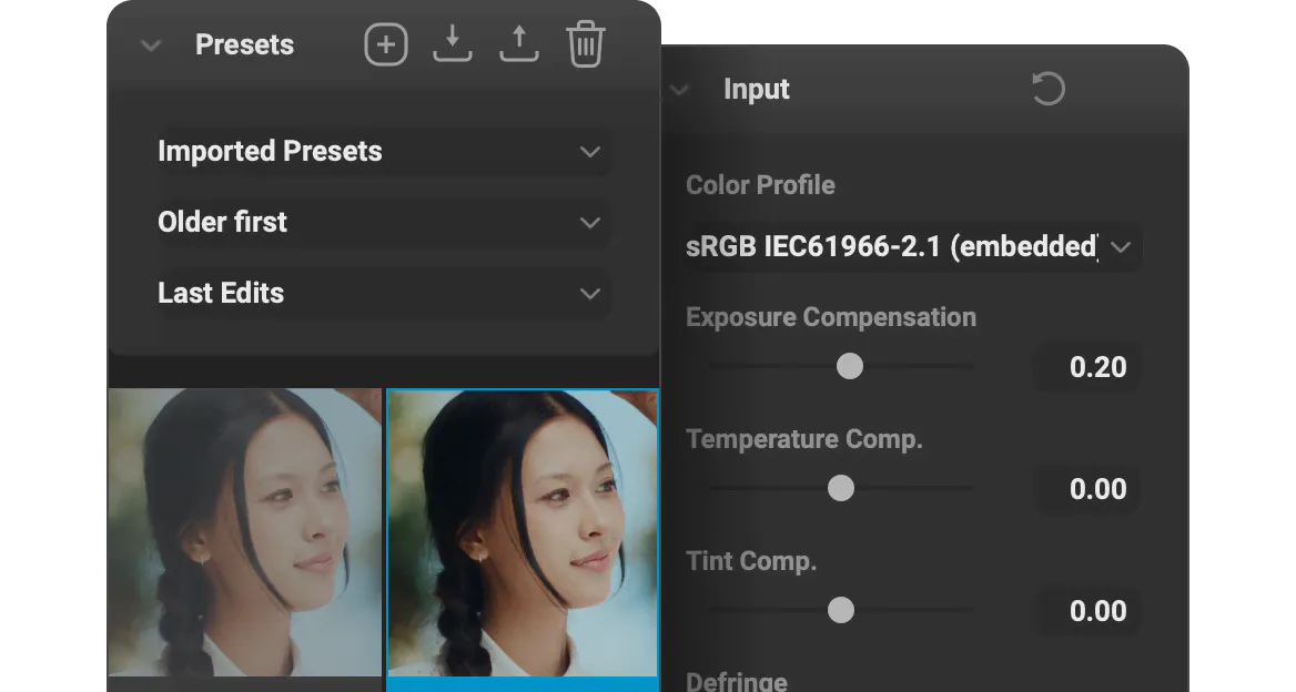 Dehancer Presets panel with original and edited portrait thumbnails alongside Input controls