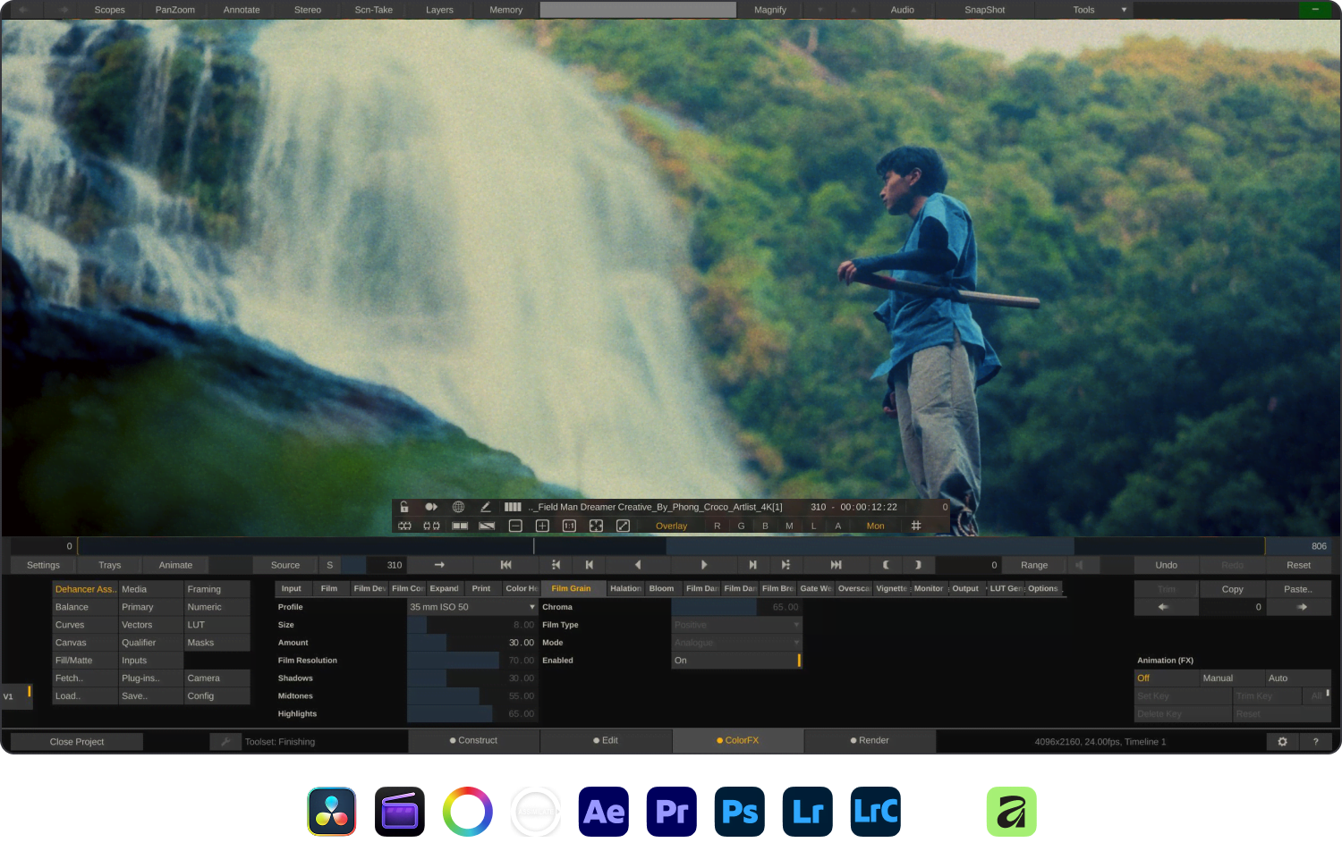 Dehancer in Assimilate Scratch with Film Grain controls and a graded cinematic shot, with compatible app icons