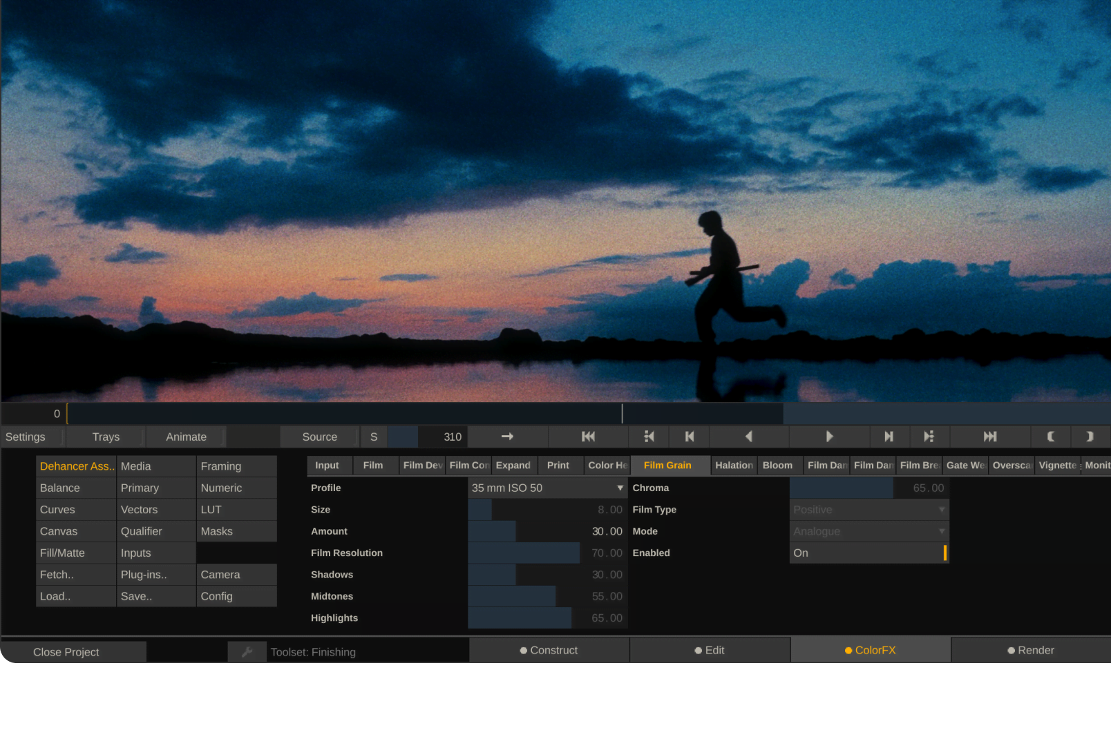 Dehancer OFX plugin running inside a color grading interface