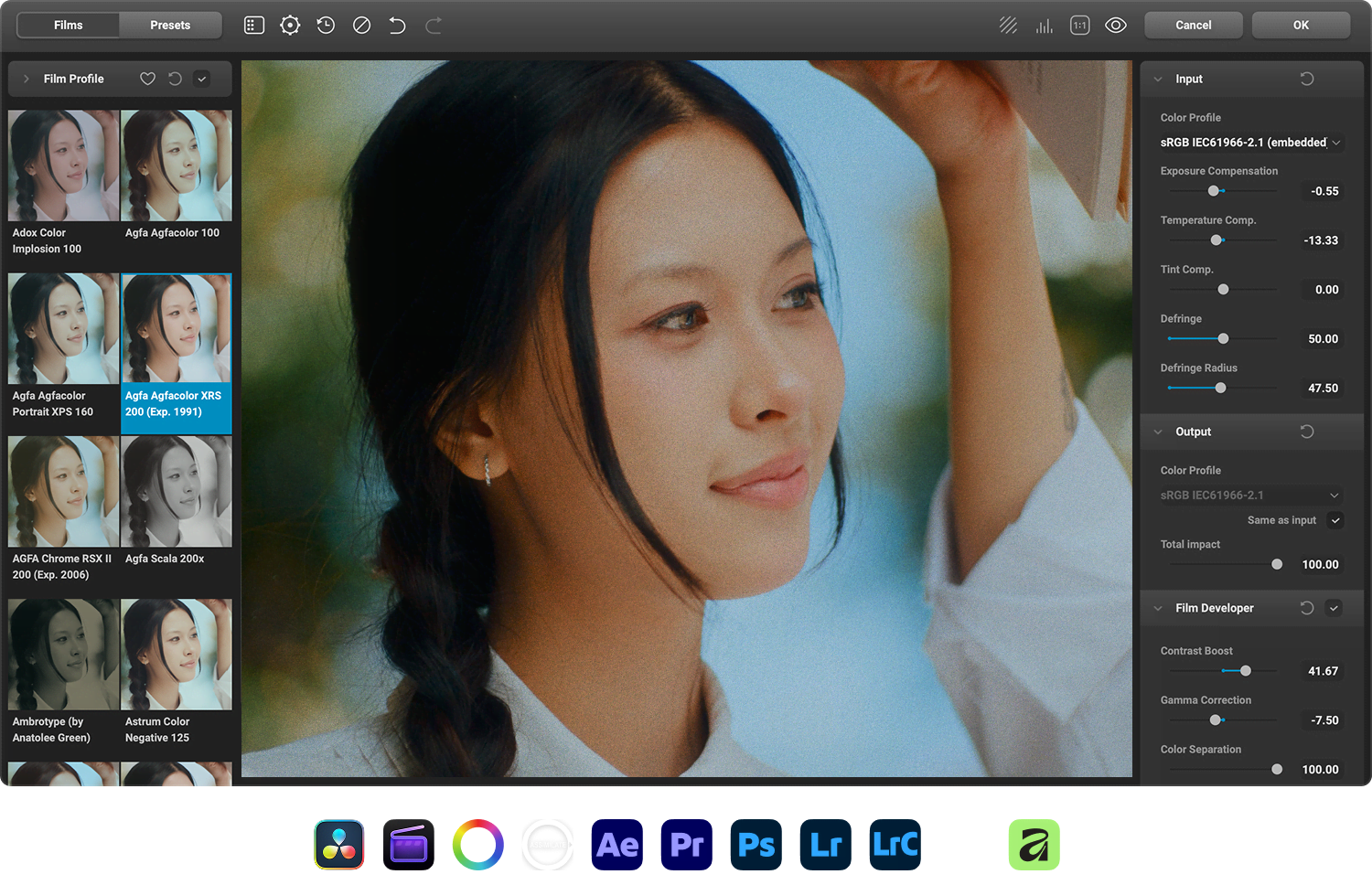 Dehancer app showing film stock profiles and editing controls around a graded portrait