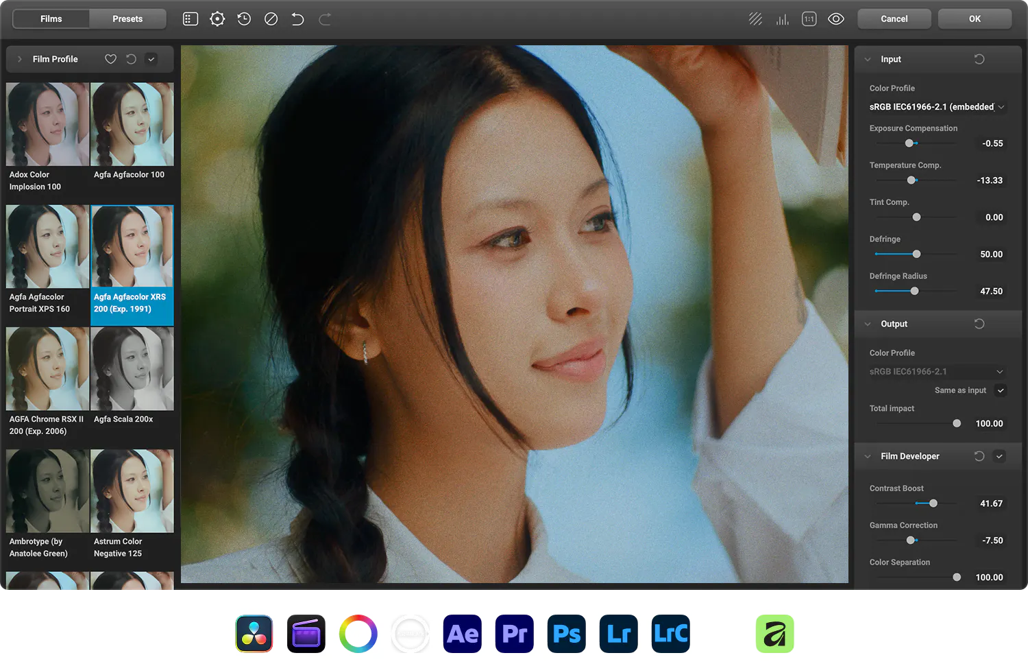 Dehancer app showing film stock profiles and editing controls around a graded portrait