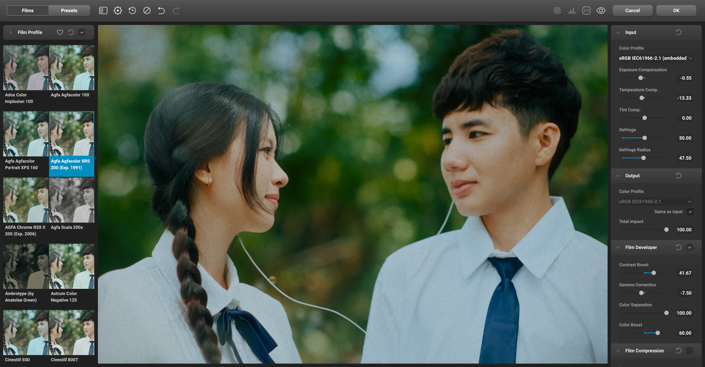 Dehancer interface with film stock profiles and adjustment panels framing a graded shot