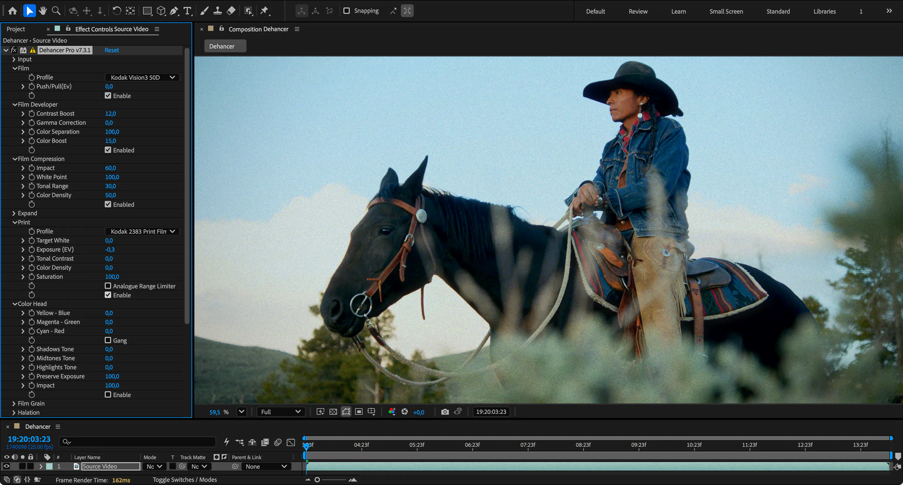 Dehancer Pro film emulation panel in After Effects with a graded western-style shot