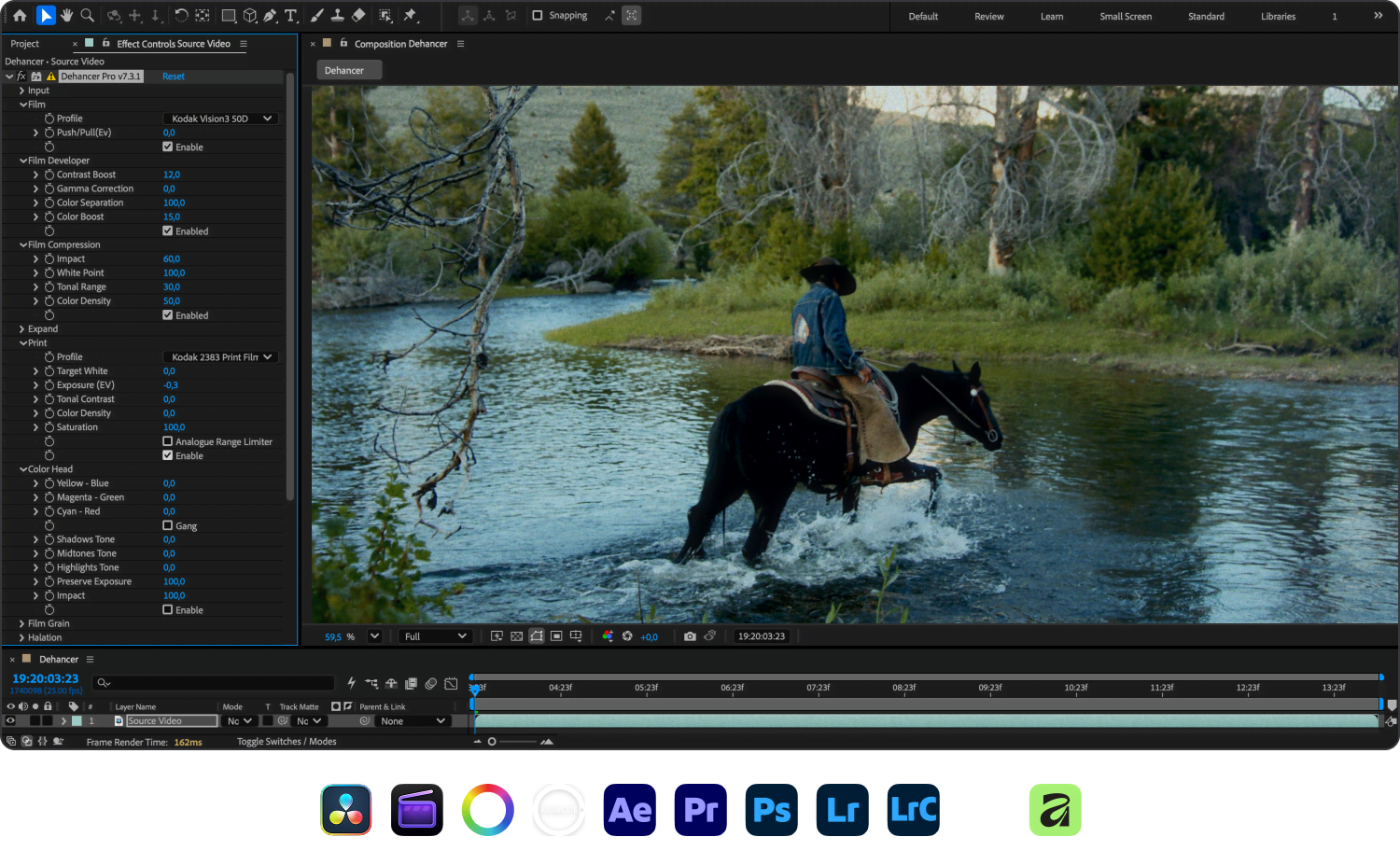 Dehancer Pro plugin in After Effects with a graded cinematic shot and compatible app icons