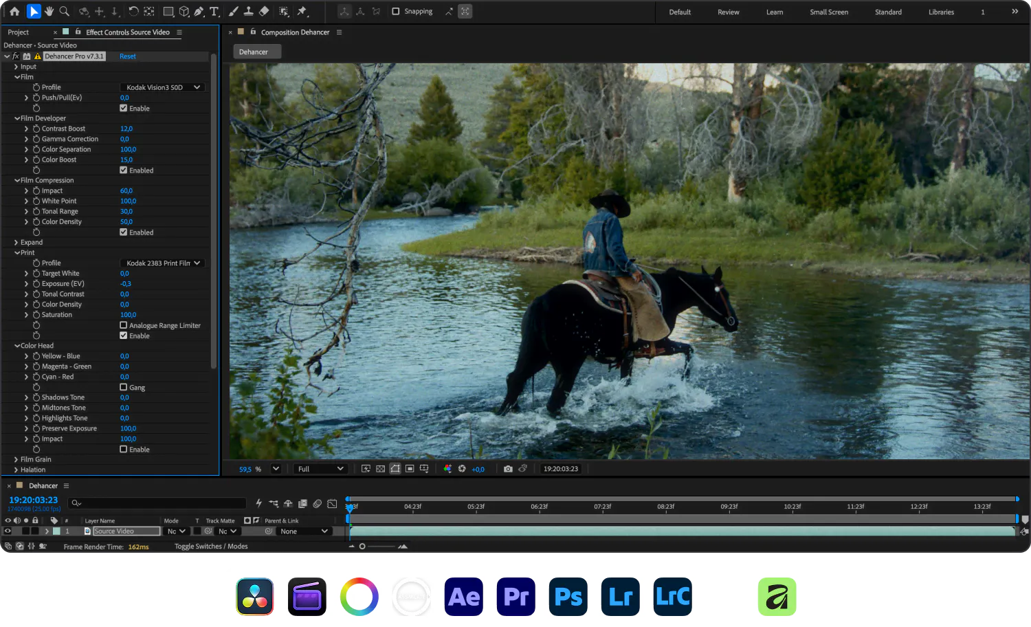 Dehancer Pro plugin in After Effects with a graded cinematic shot and compatible app icons