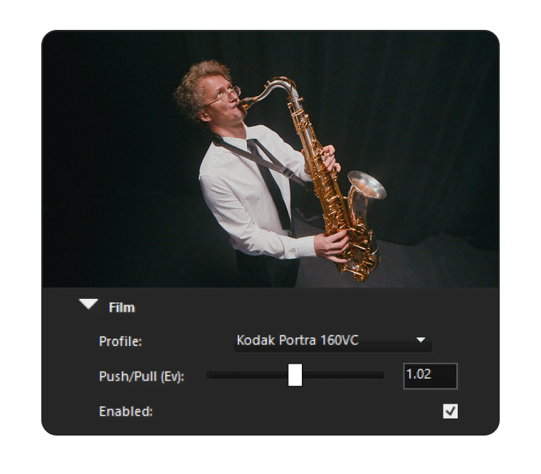 Photo of a man playing saxophone, with a 'Film' editing panel below showing a Kodak Portra 160VC profile and Push/Pull slider set to 1.02.