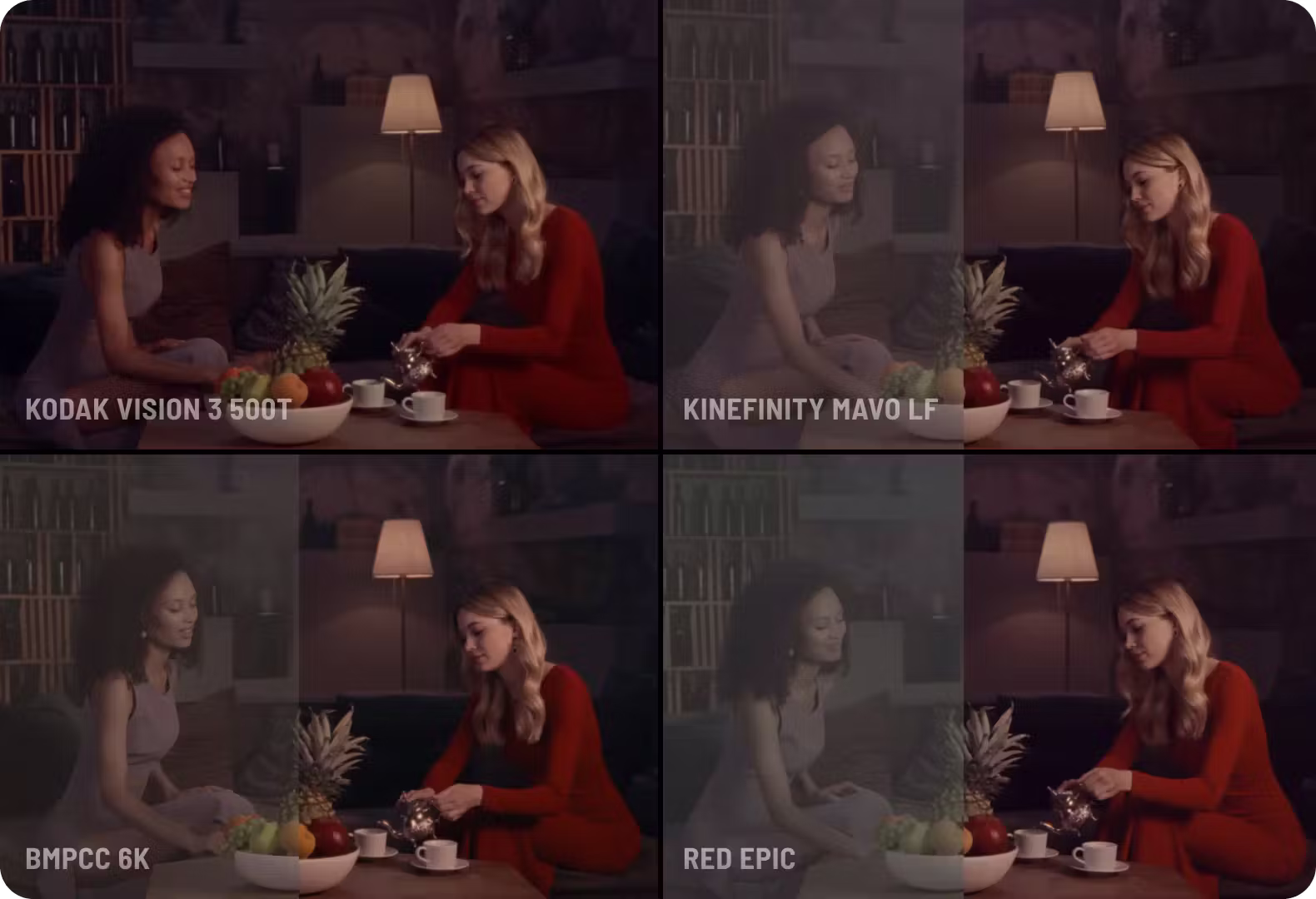 Same scene rendered with Dehancer to emulate Kodak Vision3 500T film and three digital cameras