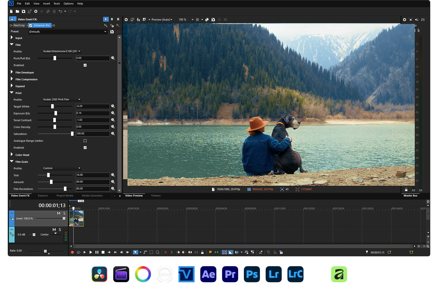 Dehancer plugin in VEGAS Pro showing film emulation controls and a graded shot
