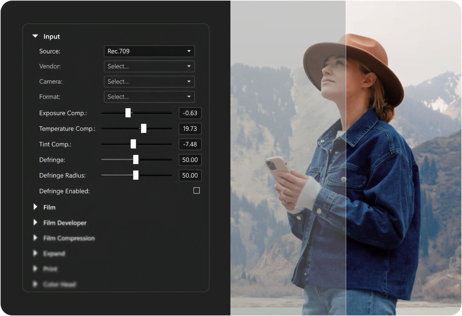 Dehancer Input panel in VEGAS Pro beside a split before-and-after of a portrait with phone