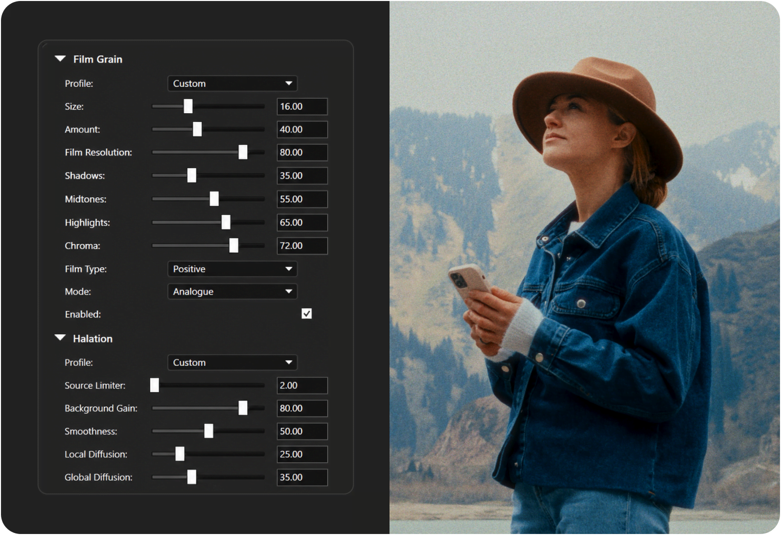 Dehancer Film Grain and Halation controls in VEGAS Pro beside a portrait with film texture