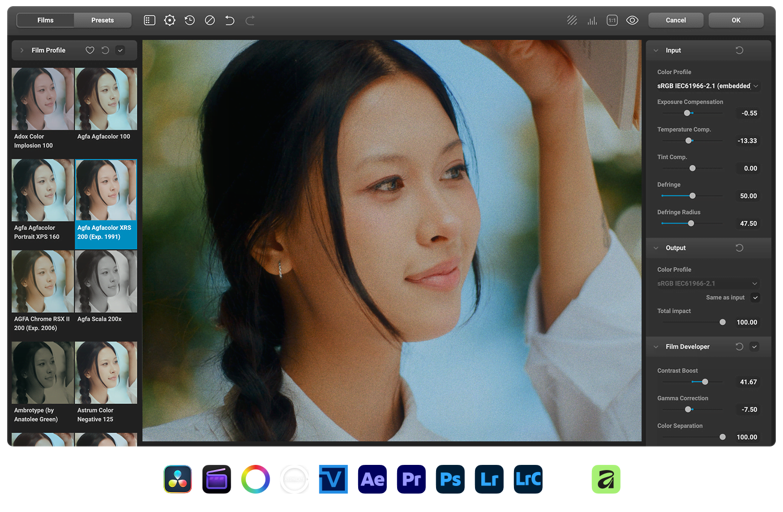 Dehancer app showing film stock profiles and editing controls around a graded portrait